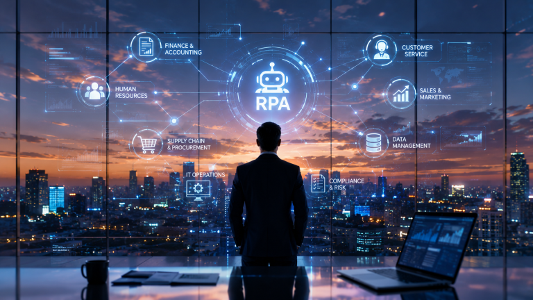 A man in a suit viewed from behind looking at a large screen where a central glowing "RPA" robot icon connects to labelled areas it can automate - finance and accounting, human resources, supply chain and procurement, IT operations, customer service, sales and marketing, data management, and compliance and risk.