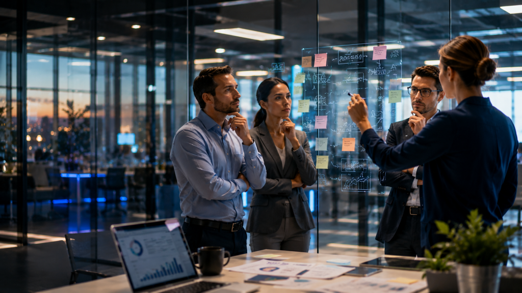 Four business colleagues in a meeting room gathered around a glass wall covered in handwritten diagrams and sticky notes, with one woman writing on the glass.