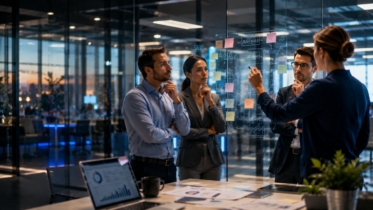 Four business colleagues in a meeting room gathered around a glass wall covered in handwritten diagrams and sticky notes, with one woman writing on the glass.