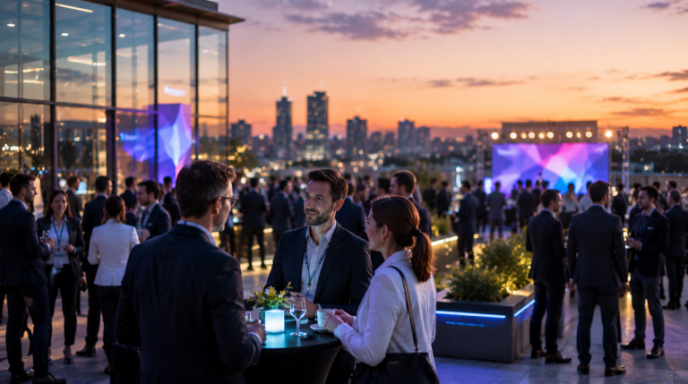 A crowded rooftop business networking event at sunset, with professionals in suits chatting over cocktail tables, large illuminated screens, and a city skyline glowing behind them