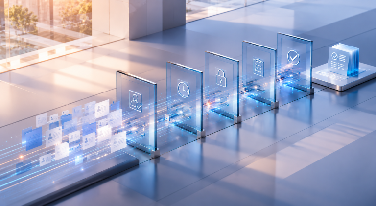 Streams of personal-data records and folders flowing through a row of glass gates marked with icons for identity verification, time, a security padlock, a checklist and an approval tick, ending at a stack of completed documents.