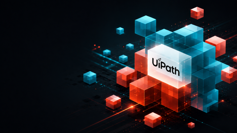 A cluster of glowing blue and orange 3D cubes on a dark background, with the UiPath logo on a bright panel at the centre
