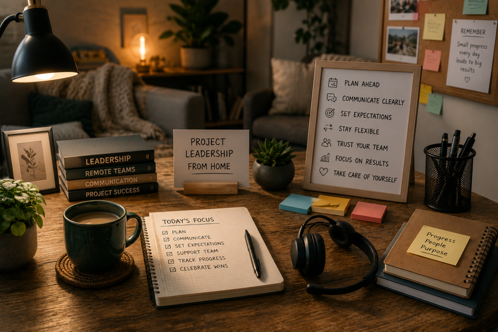 A cosy home office desk lit by a lamp, with a "Project Leadership From Home" sign, a stack of books on leadership, remote teams and communication, a framed list of tips (plan ahead, communicate clearly, set expectations, stay flexible, trust your team, focus on results, take care of yourself), a "Today's Focus" notebook, headphones, coffee and a "Progress People Purpose" note