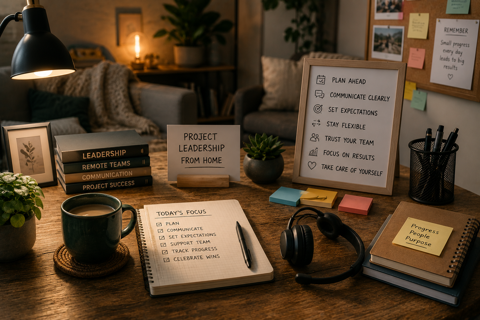 A cosy home office desk lit by a lamp, with a "Project Leadership From Home" sign, a stack of books on leadership, remote teams and communication, a framed list of tips (plan ahead, communicate clearly, set expectations, stay flexible, trust your team, focus on results, take care of yourself), a "Today's Focus" notebook, headphones, coffee and a "Progress People Purpose" note