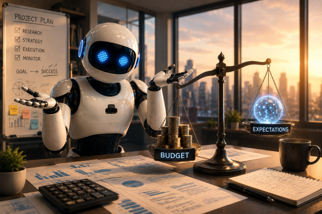 A white robot at a desk gesturing toward a balance scale weighing a stack of coins labelled "Budget" against a glowing sphere labelled "Expectations," with a "Project Plan" whiteboard behind listing research, strategy, execution and monitor leading to success.