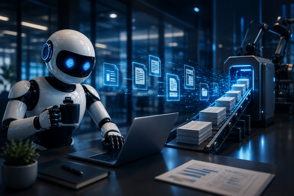 A white robot sitting at an office desk, holding a coffee mug and typing on a laptop, while glowing digital document icons stream from the screen onto a conveyor belt that feeds stacks of printed paper into a machine