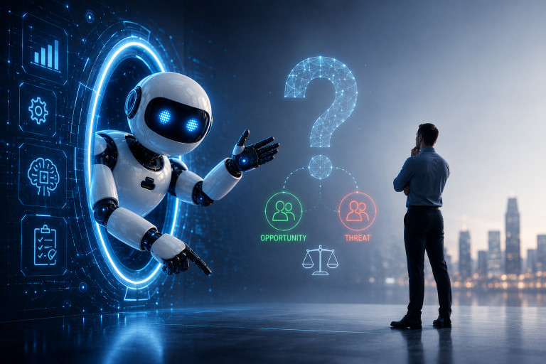 A friendly white robot gesturing toward a man who stands with his hand on his chin, looking thoughtful, with a glowing question mark between them branching into two options - "Opportunity" (green) and "Threat" (red) - above a set of scales