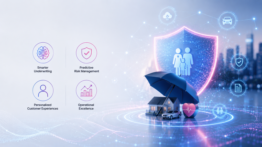 An insurance-themed graphic with four labelled icons - smarter underwriting, predictive risk management, personalized customer experiences and operational excellence - beside a glowing shield protecting a family, with an umbrella sheltering a house, car and heart.