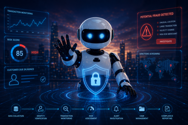 A friendly white robot holding up a glowing shield-and-padlock symbol, surrounded by fraud-prevention dashboards for transaction monitoring, a risk score of 85 (high), customer due diligence, a "Potential fraud detected" alert and a sanctions-screening world map, above a process flow from data collection through identity verification, transaction monitoring, risk assessment, alert investigation and case management to compliance reporting.