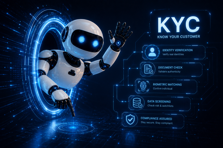 A friendly white robot reaching out beside a glowing "KYC - Know Your Customer" panel listing five steps: identity verification (verify real identities), document check (validate authenticity), biometric matching (confirm individual), data screening (check risk and watchlists) and compliance assured (stay secure, stay compliant)
