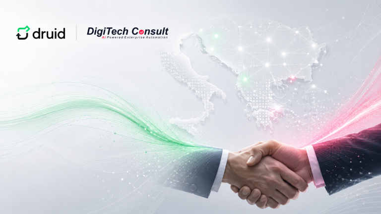 A business handshake with the DRUID and DigiTech Consult logos above, set against a dotted map of the Balkan region and southeastern Europe.