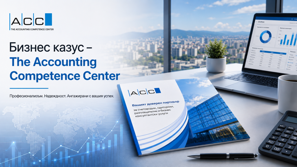 Банер „Бизнес казус - The Accounting Competence Center" с логото на ACC горе вляво и слоган „Професионализъм. Надеждност. Ангажирани с вашия успех." На бюро под надписа е поставена брошура на ACC, на която пише „Вашият доверен партньор за счетоводни, одиторски, разплащателни и бизнес консултантски услуги"
