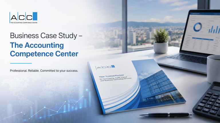 A title graphic reading "Business Case Study - The Accounting Competence Center" with the ACC logo and the line "Professional. Reliable. Committed to your success.", beside a desk with an ACC brochure, a laptop showing financial dashboards, a calculator and a pen