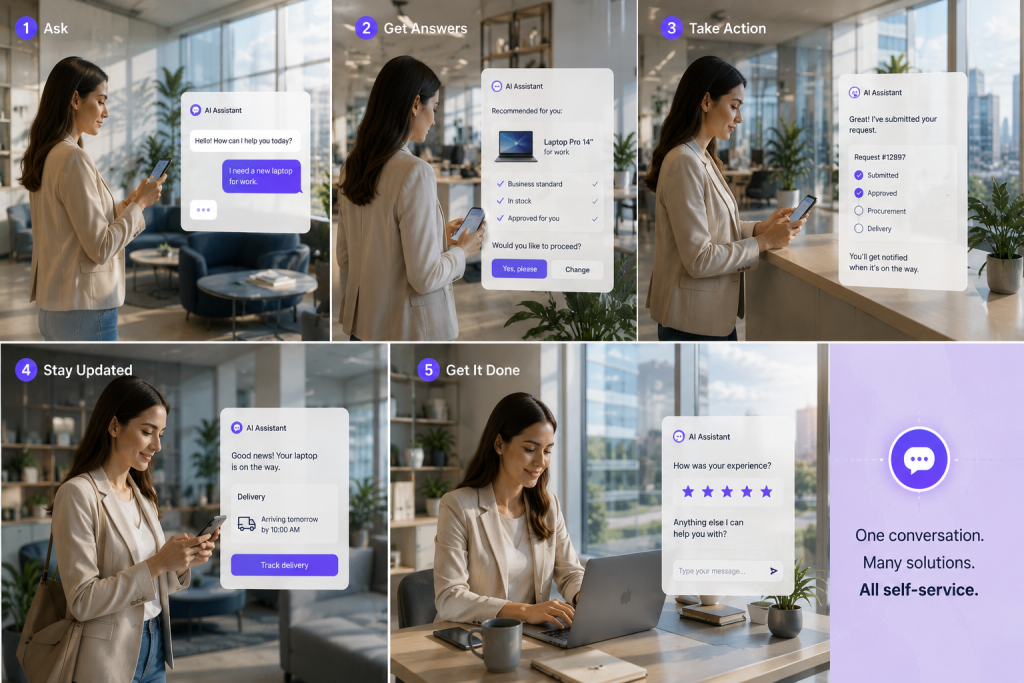 A five-step storyboard of a woman using an AI assistant on her phone to order a work laptop self-service: 1. Ask, 2. Get Answers, 3. Take Action, 4. Stay Updated, 5. Get It Done, ending with the line "One conversation. Many solutions. All self-service."