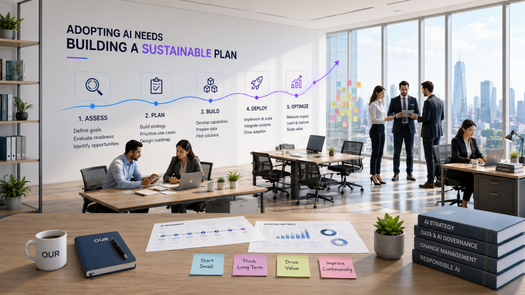 A modern office with a wall graphic reading "Adopting AI needs building a sustainable plan," showing a five-step roadmap - Assess, Plan, Build, Deploy, Optimize - while colleagues work at desks, and a table holds an AI roadmap printout, success-metrics charts, sticky notes reading "Start small, Think long term, Drive value, Improve continuously," and books on AI strategy, governance and responsible AI