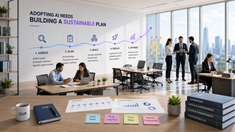 A modern office with a wall graphic reading "Adopting AI needs building a sustainable plan," showing a five-step roadmap - Assess, Plan, Build, Deploy, Optimize - while colleagues work at desks, and a table holds an AI roadmap printout, success-metrics charts, sticky notes reading "Start small, Think long term, Drive value, Improve continuously," and books on AI strategy, governance and responsible AI