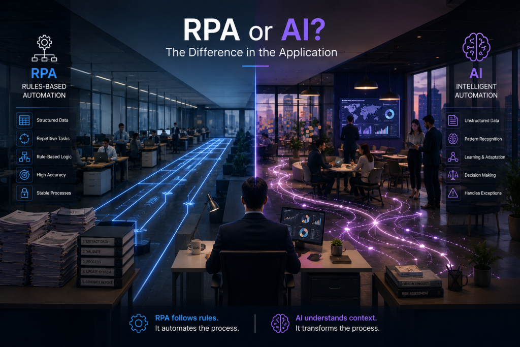 A split office scene with the heading "RPA or AI? The Difference in the Application" - the blue left side lists RPA as rules-based automation (structured data, repetitive tasks, rule-based logic, high accuracy, stable processes), the purple right side lists AI as intelligent automation (unstructured data, pattern recognition, learning, decision making, handling exceptions), with footer lines "RPA follows rules" and "AI understands context"