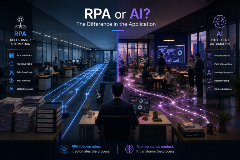 A split office scene with the heading "RPA or AI? The Difference in the Application" - the blue left side lists RPA as rules-based automation (structured data, repetitive tasks, rule-based logic, high accuracy, stable processes), the purple right side lists AI as intelligent automation (unstructured data, pattern recognition, learning, decision making, handling exceptions), with footer lines "RPA follows rules" and "AI understands context"