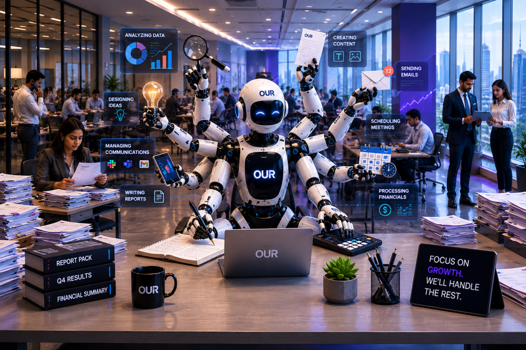 A white multi-armed robot branded "OUR" sits at a desk in a busy office, each hand doing a different task, with floating panels for analyzing data, creating content, sending emails, scheduling meetings, processing financials, managing communications, writing reports and designing ideas, beside a "Focus on growth. We'll handle the rest." sign