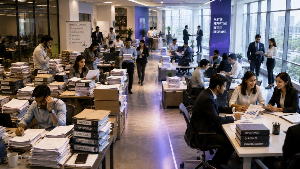 A busy finance department where staff work surrounded by towering stacks of paper and binders labelled invoices, approvals, reconciliations and suppliers, with a whiteboard "Reporting Checklist," a "Report Pack / Q4 Results / Financial Summary" stack on a meeting table, and a banner reading "Faster reporting. Better decisions."