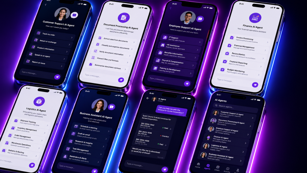 Six smartphones arranged on a purple-lit surface, each showing a different AI agent chat interface: Customer Support, Document Processing, Employee Support, Finance, Logistics and Business Assistant agents, plus an invoice lookup conversation and a searchable list of AI agents