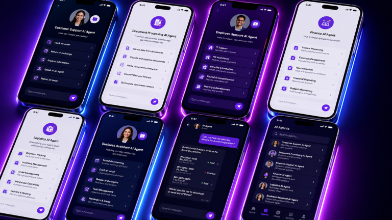 Six smartphones arranged on a purple-lit surface, each showing a different AI agent chat interface: Customer Support, Document Processing, Employee Support, Finance, Logistics and Business Assistant agents, plus an invoice lookup conversation and a searchable list of AI agents