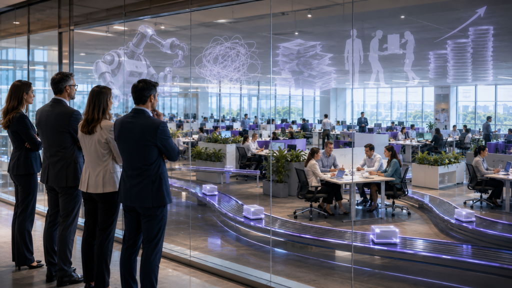 Four business people in suits stand behind a glass wall looking into a large open space office, where staff work at desks and an automated track carries glowing purple parcels, overlaid with faint holographic icons of a robotic arm, a tangled scribble, stacks of paper, workers carrying boxes and rising stacks of coins.