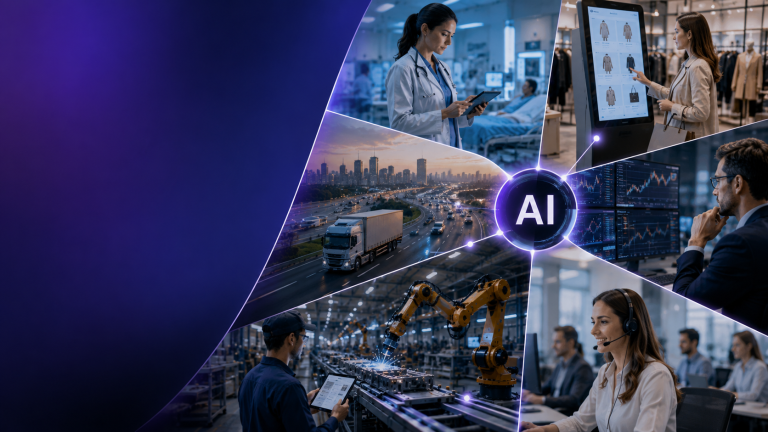 A collage at the centre of which is a glowing "AI" orb, showing six industry scenes: a doctor with a tablet at a patient's bedside, a shopper using a touchscreen kiosk in a clothing store, a trader watching financial charts, a worker at a welding robot on a factory line, a headset-wearing customer service team, and a truck on a highway through a city.