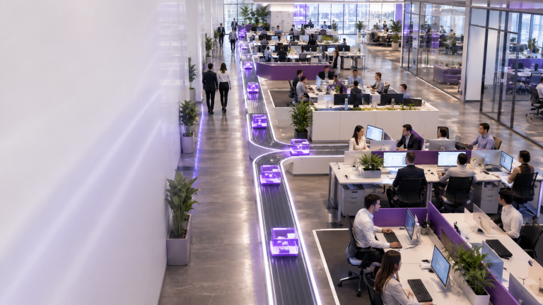 An overhead view of a large open space office where employees work at rows of desks, while small glowing purple containers travel along an automated track that winds between the workstations