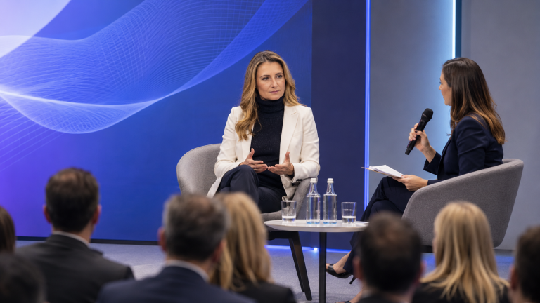 Milena Ribarova speaks while seated in an armchair on a stage during an interview, with an interviewer holding a microphone and notes in a facing armchair and an audience watching from the front rows.
