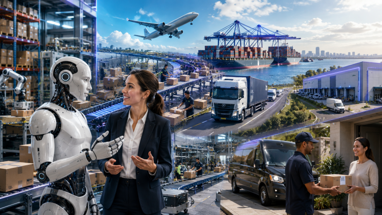 A collage of the logistics chain: a woman in business attire talks with a white humanoid robot in a warehouse, alongside scenes of parcels on conveyor belts, a cargo plane, a container ship at port, delivery trucks on the road and a courier handing a package to a customer