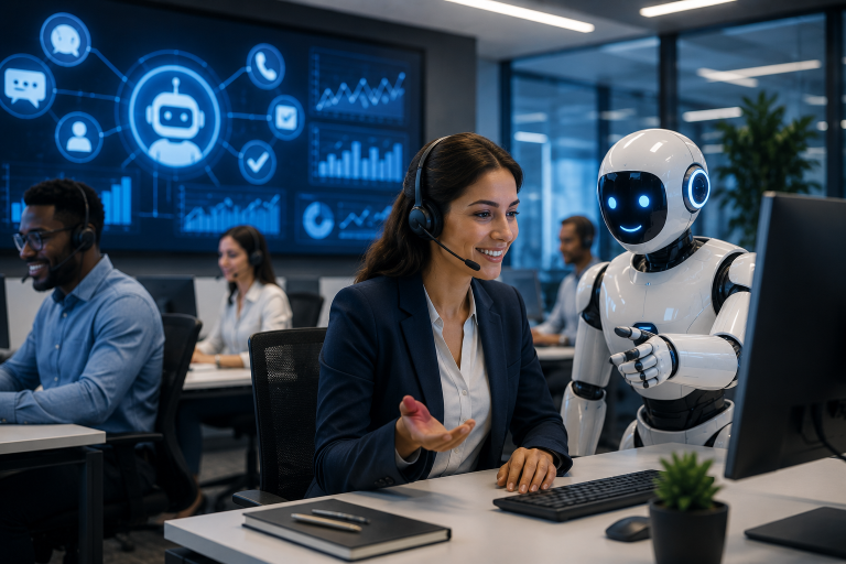 A smiling call-centre agent wearing a headset works at her computer while a friendly white robot stands beside her, with a glowing screen behind them showing a chatbot icon linked to chat, phone, customer and analytics symbols, and colleagues on calls in the background