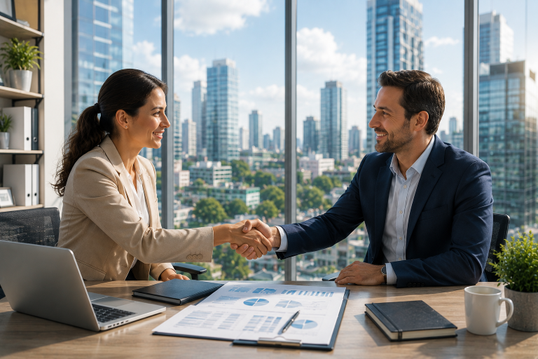 A woman and a man in business attire smile and shake hands across a desk in a bright office, with a laptop, a printed report full of charts and a city skyline through the window behind them.