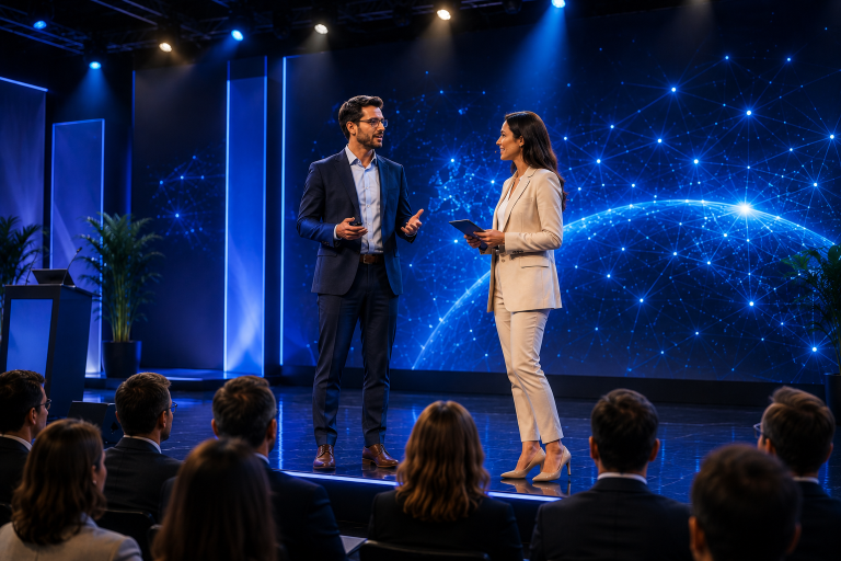 A man and a woman in business attire stand and talk on a brightly lit stage in front of a large screen showing a glowing blue digital globe, with an audience seated watching.