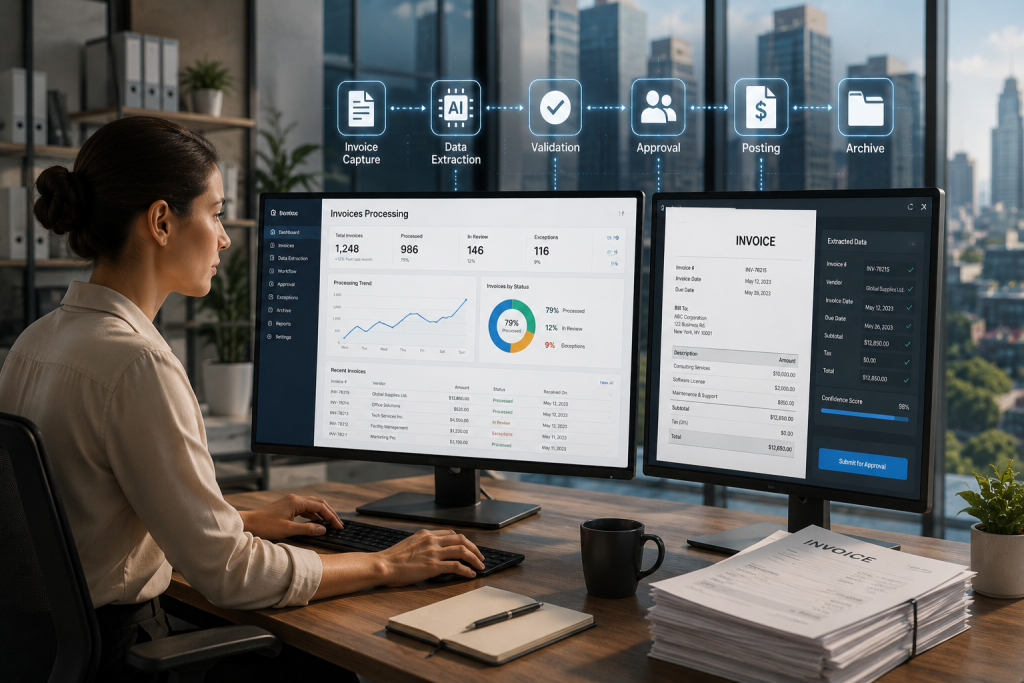 A woman at a desk works on dual monitors showing an invoice-processing dashboard and an invoice with extracted data fields, beneath a glowing process flow labelled Invoice Capture, Data Extraction, Validation, Approval, Posting and Archive, with a stack of paper invoices beside her