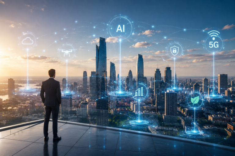 A man in a suit stands on a rooftop terrace overlooking a city skyline, with glowing holographic icons rising above the buildings for AI, 5G, cloud, security, analytics, sustainability and a drone.
