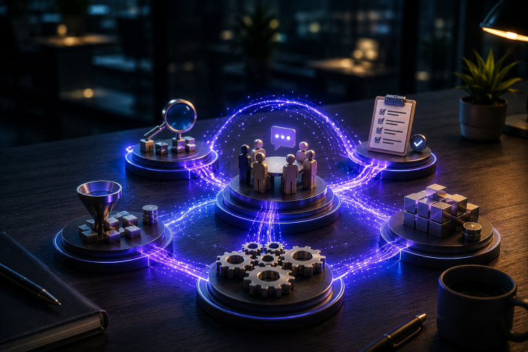A glowing 3D diagram on a dark desk linking several pedestals: a group of figures in discussion sits at the centre, connected by light trails to a magnifying glass, a checklist on a clipboard, a funnel sorting blocks, stacked blocks, and a cluster of gears