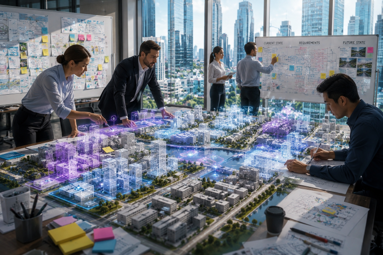 A team of professionals in an office gathered around a glowing 3D holographic city model on a conference table, with one woman pointing into the model and two colleagues at a whiteboard.