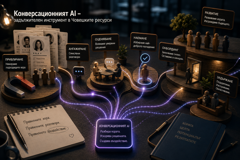 Миниатюрна диорама на HR пътуването, озаглавена „Конверсационният AI - задължителен инструмент в Човешките ресурси". Дървени фигурки преминават през различни етапи: привличане, ангажиране, оценяване, наемане, онбординг, развитие и задържане.