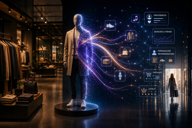 A mannequin in a coat stands on a podium in a darkened clothing store, dissolving into streams of light that flow toward floating panels for customer preferences, search trends, personalized recommendations, purchases and loyalty, with a shopper leaving in the distance.