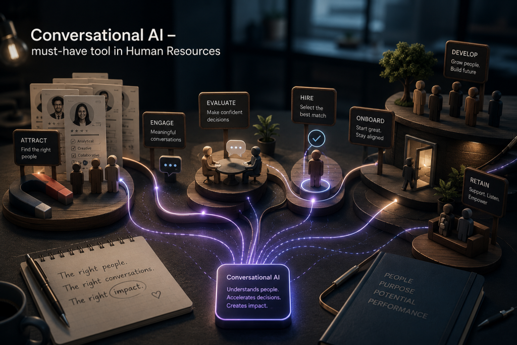 Title graphic "Conversational AI - must-have tool in Human Resources" above a stylized 3D landscape of wooden figures moving along a glowing path through HR lifecycle stages labelled Attract, Engage, Evaluate, Hire, Onboard, Develop and Retain, all connected to a central "Conversational AI" panel