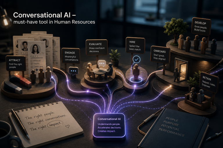 Title graphic "Conversational AI - must-have tool in Human Resources" above a stylized 3D landscape of wooden figures moving along a glowing path through HR lifecycle stages labelled Attract, Engage, Evaluate, Hire, Onboard, Develop and Retain, all connected to a central "Conversational AI" panel