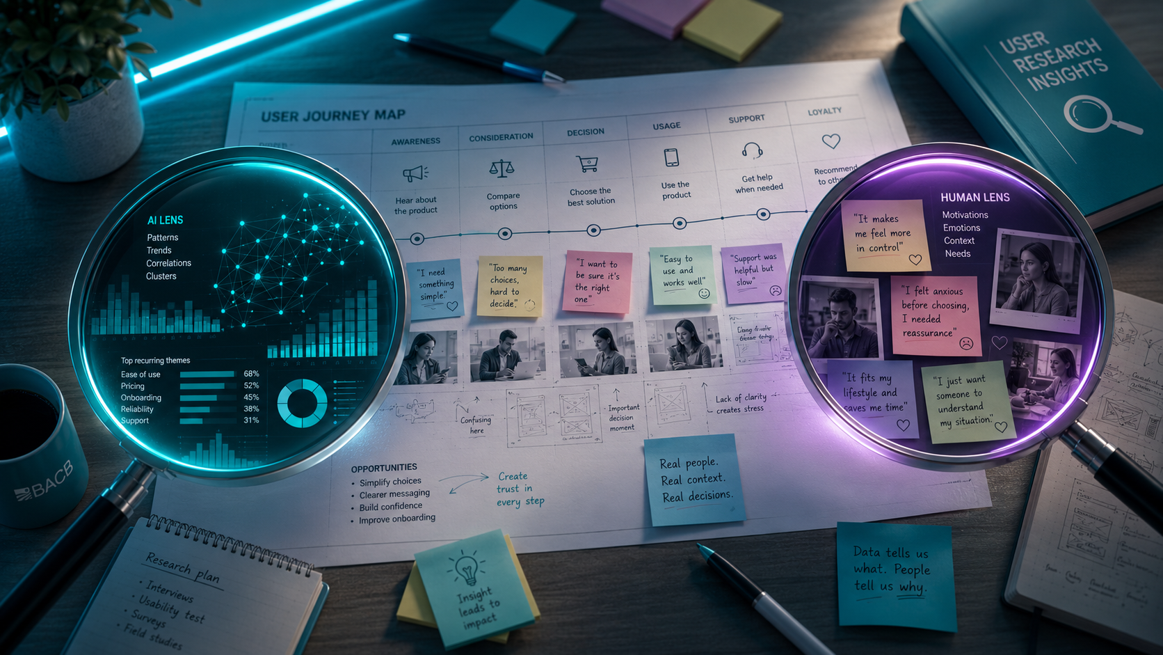 Printed user journey map on a desk viewed through two magnifying glasses, one labelled "AI Lens" revealing data patterns, charts and recurring themes, the other labelled "Human Lens" revealing user motivations, emotions and handwritten quotes on sticky notes.