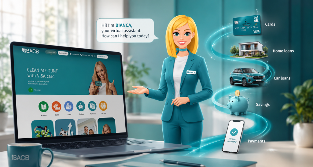 Friendly blonde cartoon assistant in a suit with a BIANCA name badge gesturing toward a laptop showing the BACB banking website, with a speech bubble reading "Hi! I'm BIANCA, your virtual assistant. How can I help you today?"