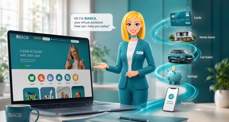 Friendly blonde cartoon assistant in a suit with a BIANCA name badge gesturing toward a laptop showing the BACB banking website, with a speech bubble reading "Hi! I'm BIANCA, your virtual assistant. How can I help you today?"