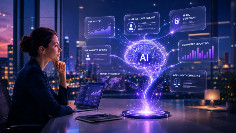 Businesswoman at a laptop in a night-time office looking at a glowing digital brain labelled "AI" surrounded by floating panels reading risk analysis, smart customer insights, fraud detection, personalized banking, market intelligence, automated reporting and intelligent compliance, with a city skyline behind.