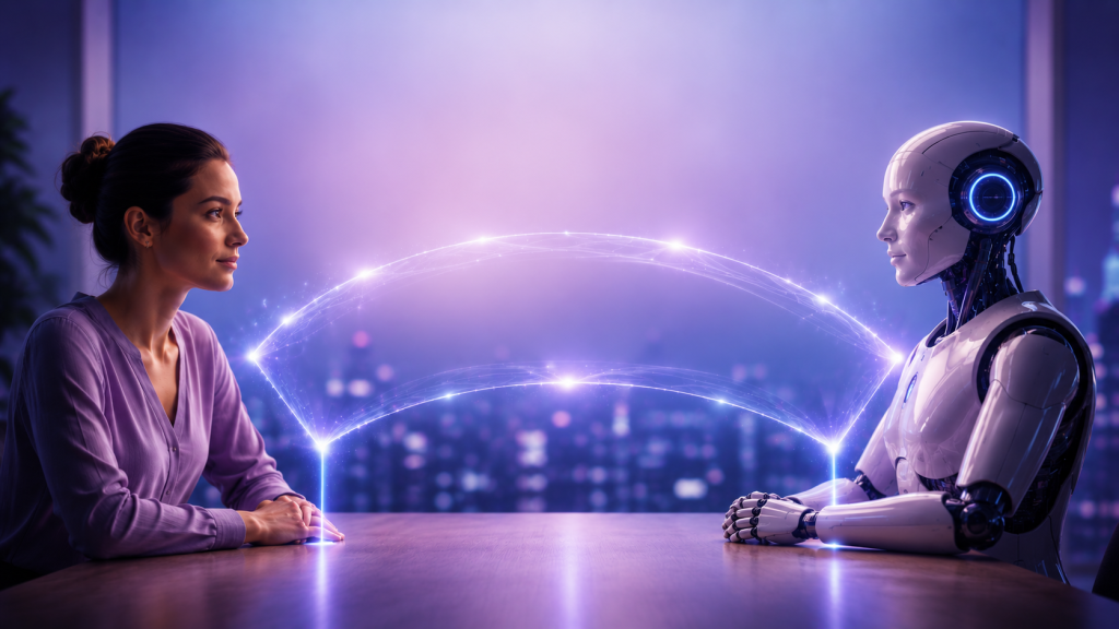 Woman and a white humanoid robot sitting across a table facing each other, connected by a glowing arc of light, with a softly lit city skyline through the window behind them