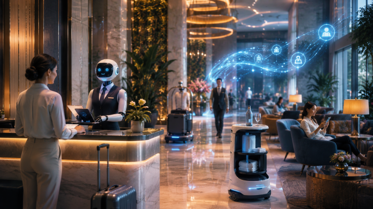 Humanoid robot working at a laptop behind a luxury hotel reception desk while a woman with a suitcase checks in. А robotic service trolley carrying towels and drinks, a guest walking through the lobby and glowing network icons overhead