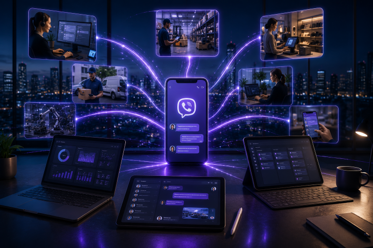 Smartphone showing a Viber chat at the centre of a desk, connected by glowing purple light trails to floating panels showing people in different business roles, including a call-centre agent, a warehouse worker, a retail clerk, a delivery courier and robotic machinery. On the desk in front of the smartphone sits a laptop and two tablets displaying chat dashboards.