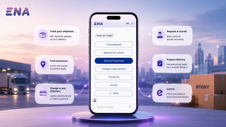 Smartphone showing the Ena virtual assistant chat menu with options like Track shipment, Requests for couriers and Delivery preparation, surrounded by feature cards for tracking shipments, finding an Econtomat, changing or paying for a shipment, requesting a courier, preparing delivery and checking ecoints, with a delivery truck and Econt parcels in the background